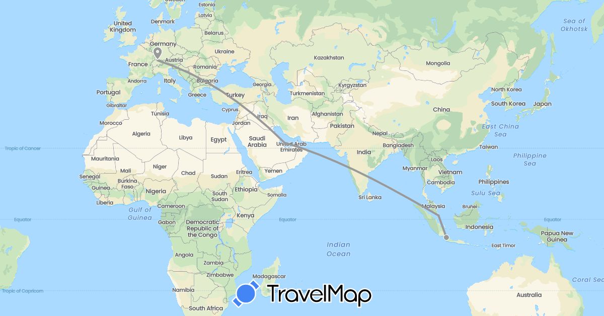 TravelMap itinerary: driving, plane in Switzerland, Indonesia, Qatar, Singapore (Asia, Europe)